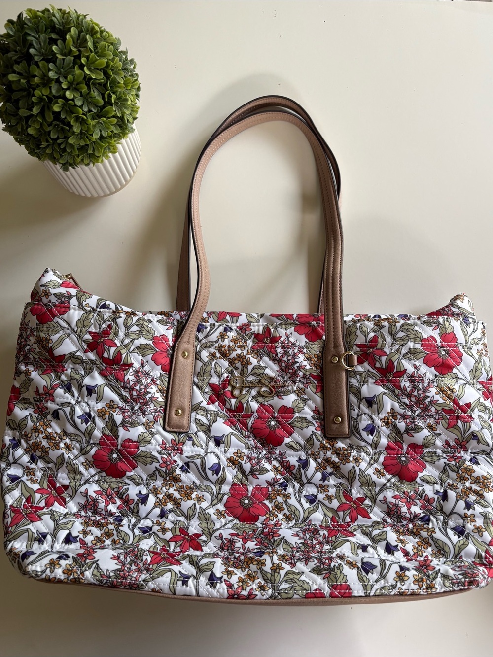 Jessica Simpson Floral Quilted Tote Bag with Pink-Tan Handles
